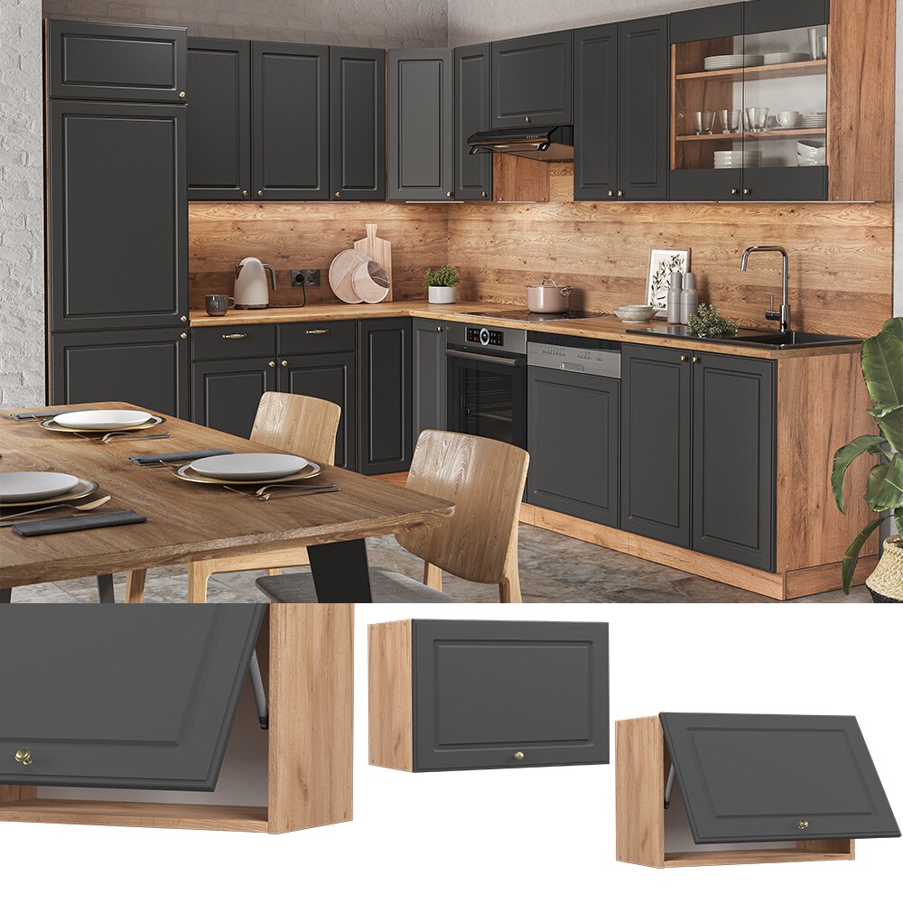 Vicco Hängeschrank Küchenschrank Küchenmöbel Fame-Line Eiche Anthrazit-Gold Landhaus 60 cm Küche Einbauküche Hängeschrank Klapptür Dunstabzugshaube Küchenzeile