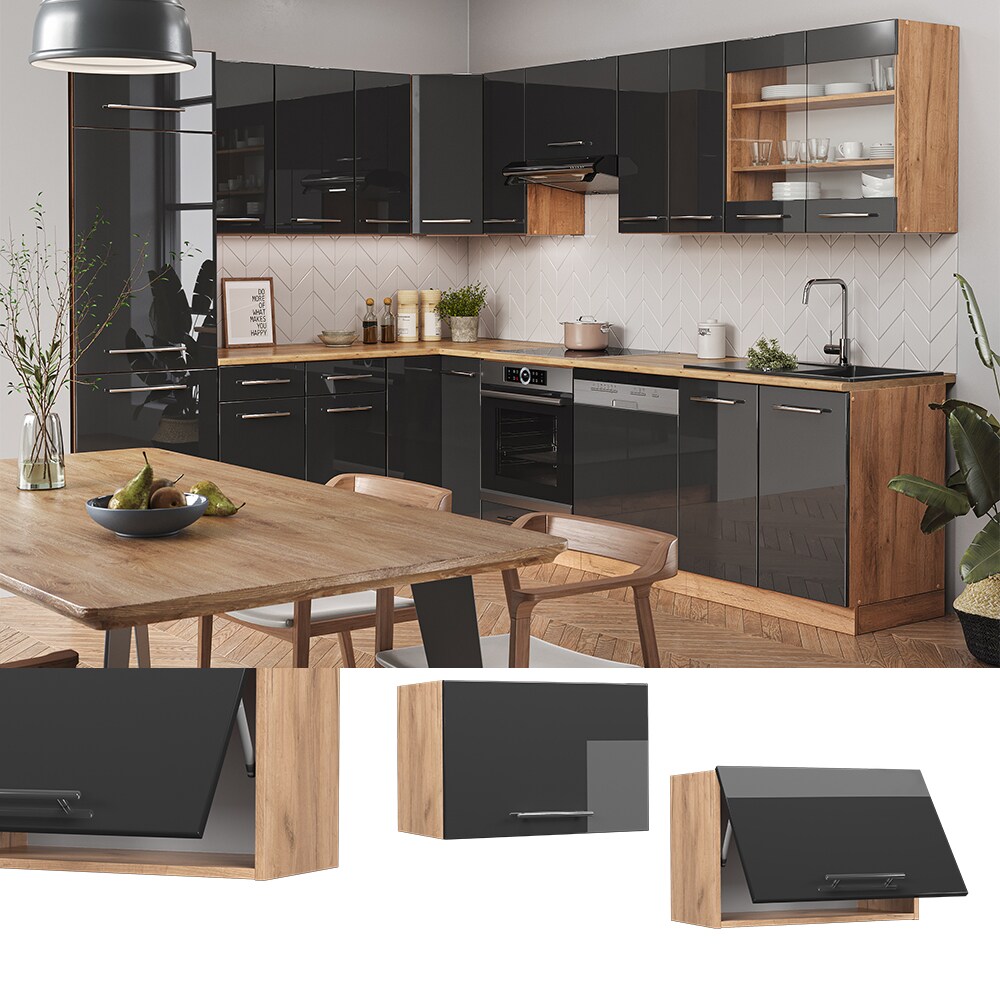 Vicco H&auml;ngeschrank K&uuml;chenschrank K&uuml;chenm&ouml;bel Fame-Line Eiche Anthrazit modern 60 cm K&uuml;che Einbauk&uuml;che H&auml;ngeschrank Klappt&uuml;r Dunstabzugshaube K&uuml;chenzeile Hochglanz - Bild 1