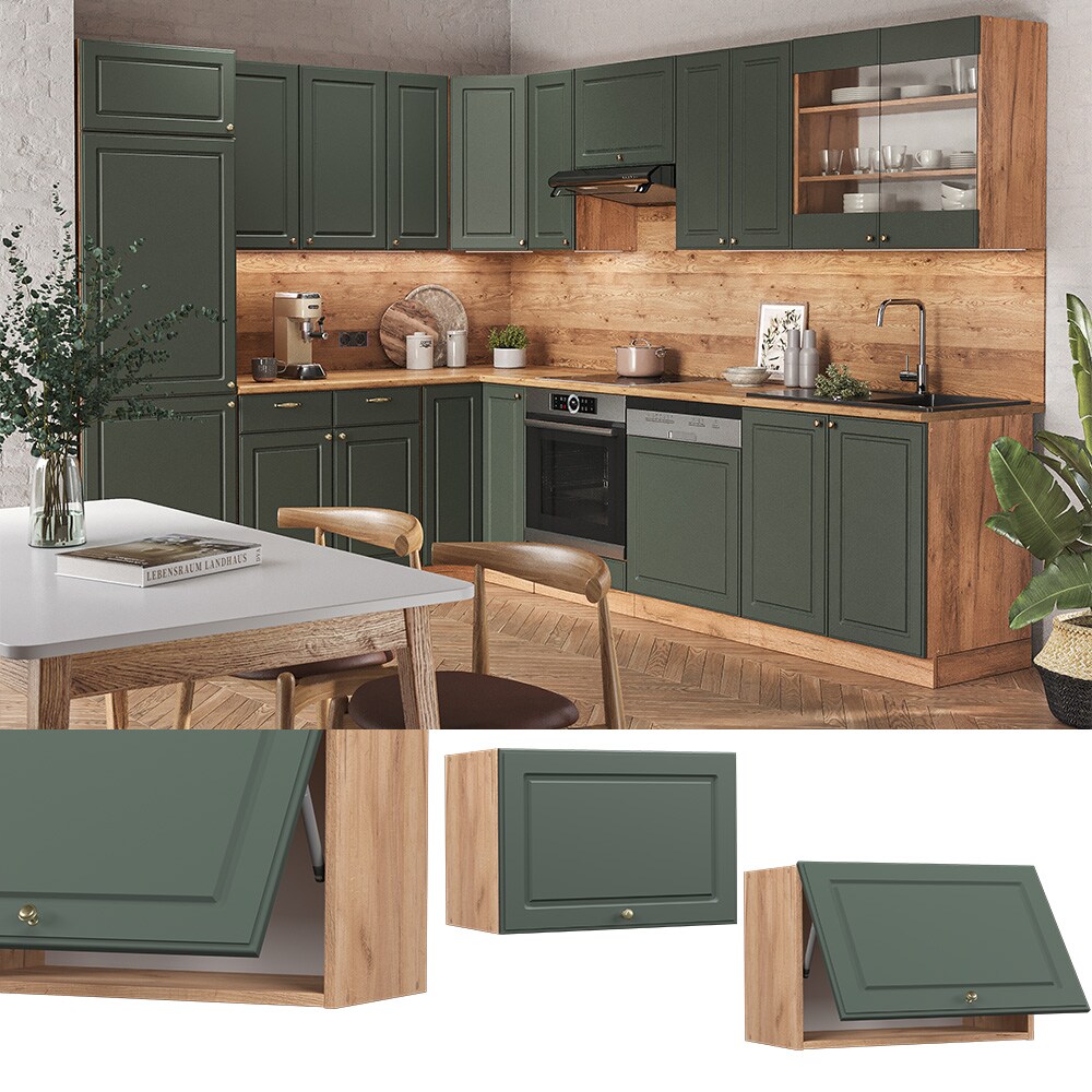 Vicco Hängeschrank Küchenschrank Küchenmöbel Fame-Line Eiche Grün-Gold Landhaus 60 cm Küche Einbauküche Hängeschrank Klapptür Dunstabzugshaube Küchenzeile