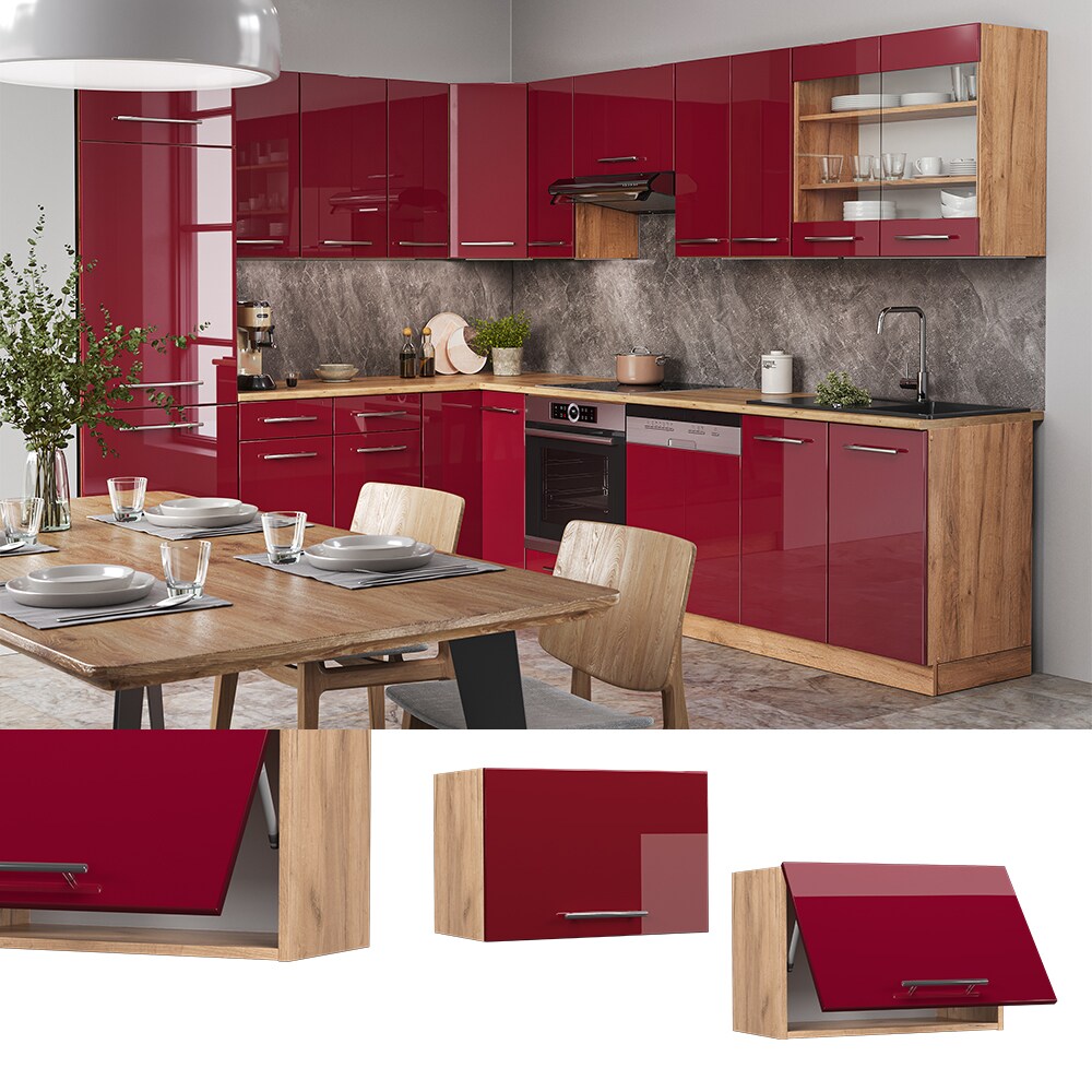 Vicco H&auml;ngeschrank K&uuml;chenschrank K&uuml;chenm&ouml;bel Fame-Line Eiche Rot Bordeaux modern 60 cm K&uuml;che Einbauk&uuml;che H&auml;ngeschrank Klappt&uuml;r Dunstabzugshaube K&uuml;chenzeile Hochglanz - Bild 1