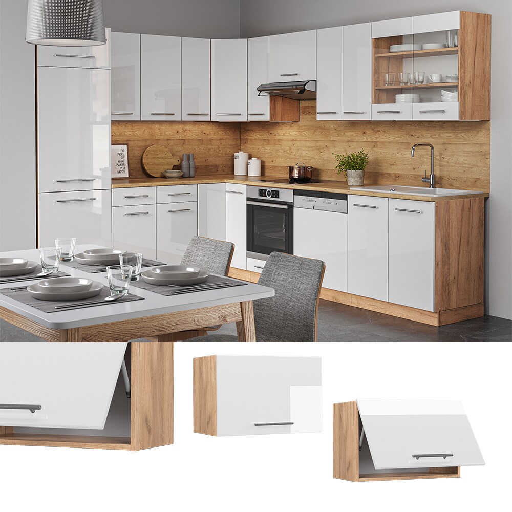 Vicco Hängeschrank Küchenschrank Küchenmöbel Fame-Line Eiche Weiß modern 60 cm Küche Einbauküche Hängeschrank Klapptür Dunstabzugshaube Küchenzeile Hochglanz