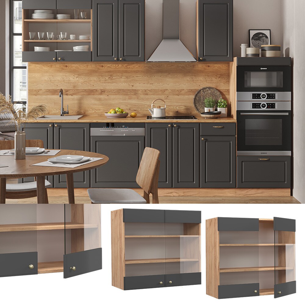 Vicco Hängeglasschrank Küchenschrank Küchenmöbel Fame-Line Eiche Anthrazit-Gold Landhaus 80 cm Küche Einbauküche Hängeschrank Glasschrank Drehtür Einlegeboden Küchenzeile