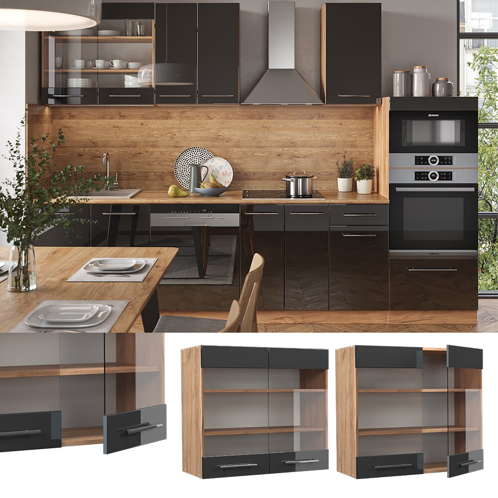 Vicco Hängeglasschrank Küchenschrank Küchenmöbel Fame-Line Eiche Anthrazit modern 80 cm Küche Einbauküche Hängeschrank Glasschrank Drehtür Einlegeboden Küchenzeile Hochglanz