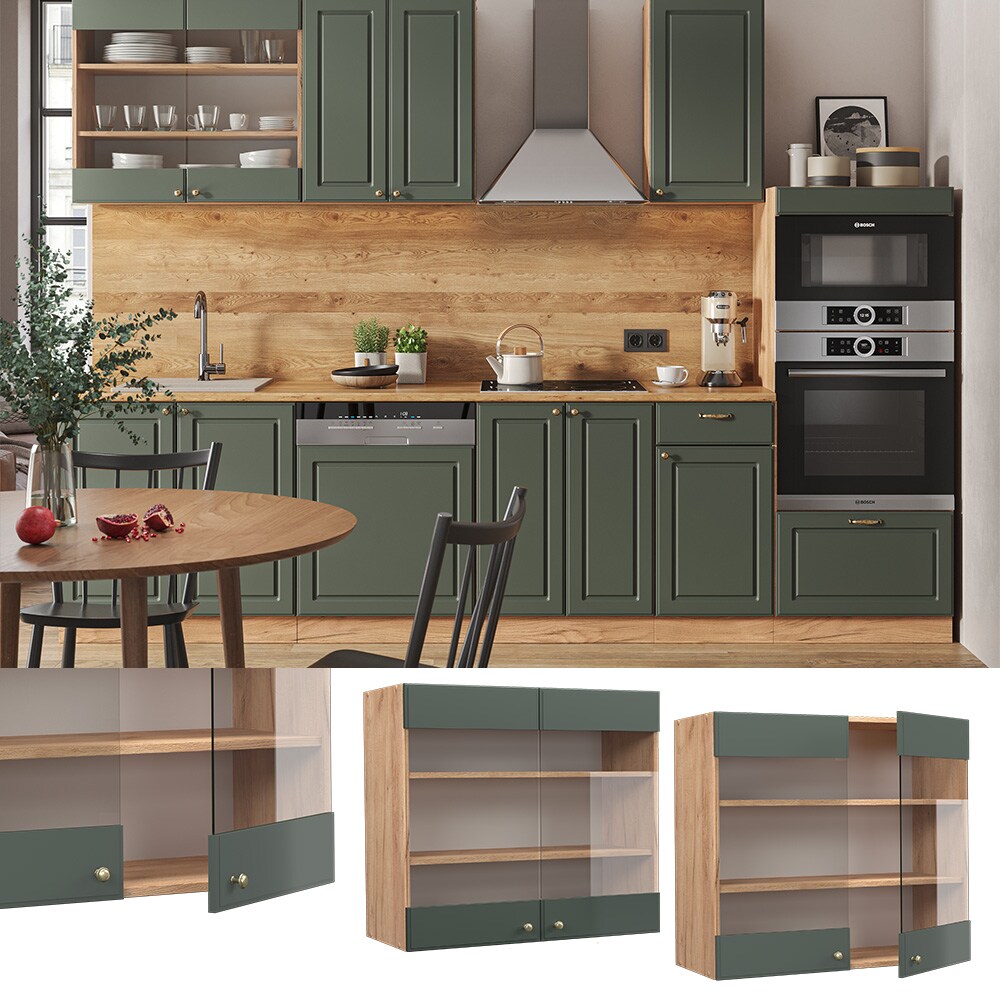 Vicco Hängeglasschrank Küchenschrank Küchenmöbel Fame-Line Eiche Grün-Gold Landhaus 80 cm Küche Einbauküche Hängeschrank Glasschrank Drehtür Einlegeboden Küchenzeile