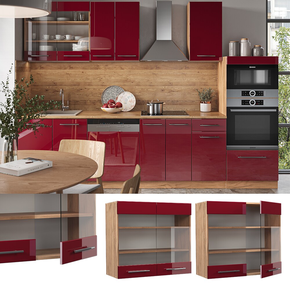 Vicco Hängeglasschrank Küchenschrank Küchenmöbel Fame-Line Eiche Rot Bordeaux modern 80 cm Küche Einbauküche Hängeschrank Glasschrank Drehtür Einlegeboden Küchenzeile Hochglanz