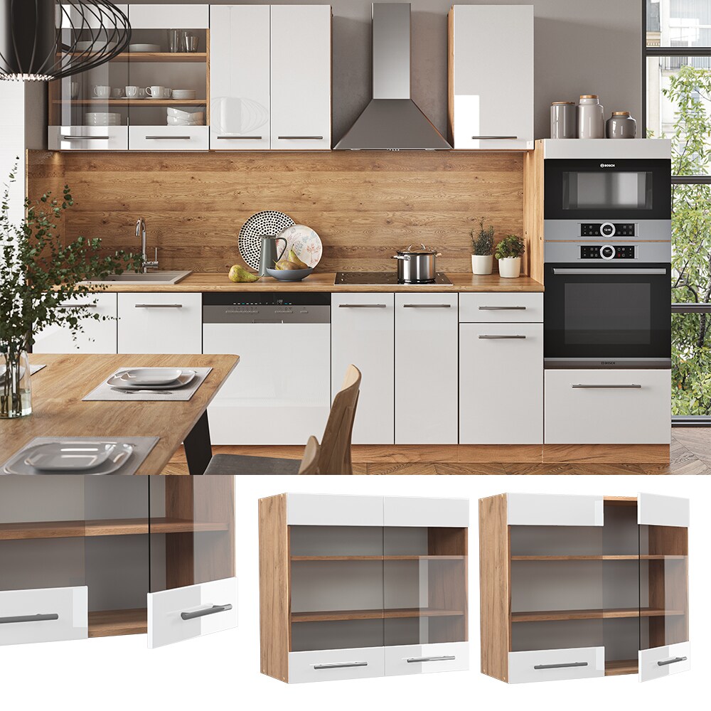 Vicco Hängeglasschrank Küchenschrank Küchenmöbel Fame-Line Eiche Weiß modern 80 cm Küche Einbauküche Hängeschrank Glasschrank Drehtür Einlegeboden Küchenzeile Hochglanz