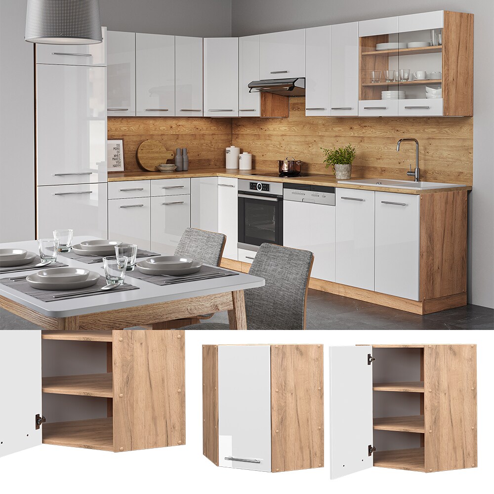 Vicco Eckh&auml;ngeschrank K&uuml;chenschrank K&uuml;chenm&ouml;bel Fame-Line Eiche Wei&szlig; modern 57 cm K&uuml;che Einbauk&uuml;che Eckk&uuml;che H&auml;ngeschrank Dreht&uuml;r Einlegeboden K&uuml;chenzeile Hochglanz - Bild 1