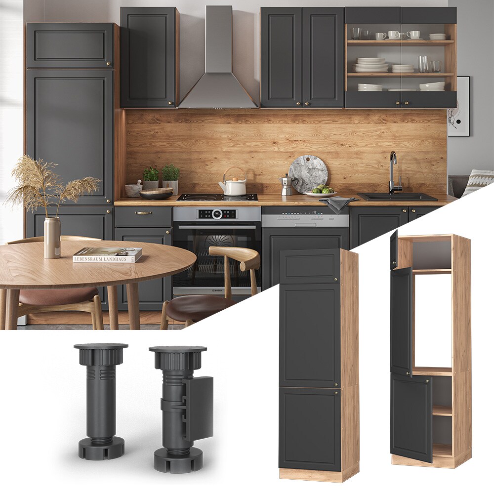 Vicco Kühlumbauschrank Küchenschrank Küchenmöbel Fame-Line Eiche Anthrazit-Gold Landhaus 60 cm Küche Einbauküche Blende Drehtür Einlegeboden Kühlschrank Küchenzeile