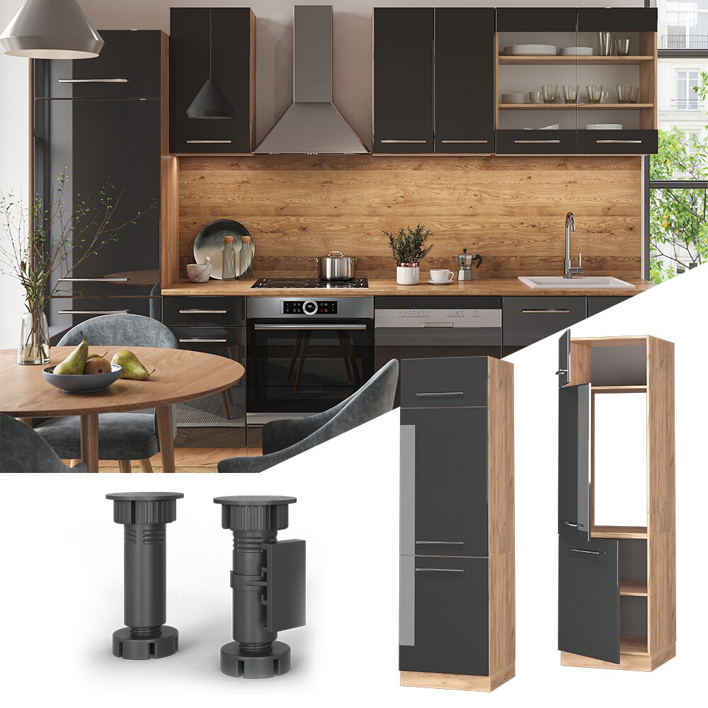 Vicco K&uuml;hlumbauschrank K&uuml;chenschrank K&uuml;chenm&ouml;bel Fame-Line Eiche Anthrazit modern 60 cm K&uuml;che Einbauk&uuml;che Blende Dreht&uuml;r Einlegeboden K&uuml;hlschrank K&uuml;chenzeile Hochglanz - Bild 1