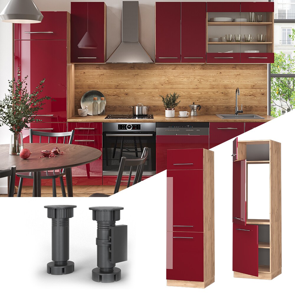 Vicco Kühlumbauschrank Küchenschrank Küchenmöbel Fame-Line Eiche Rot Bordeaux modern 60 cm Küche Einbauküche Blende Drehtür Einlegeboden Kühlschrank Küchenzeile Hochglanz