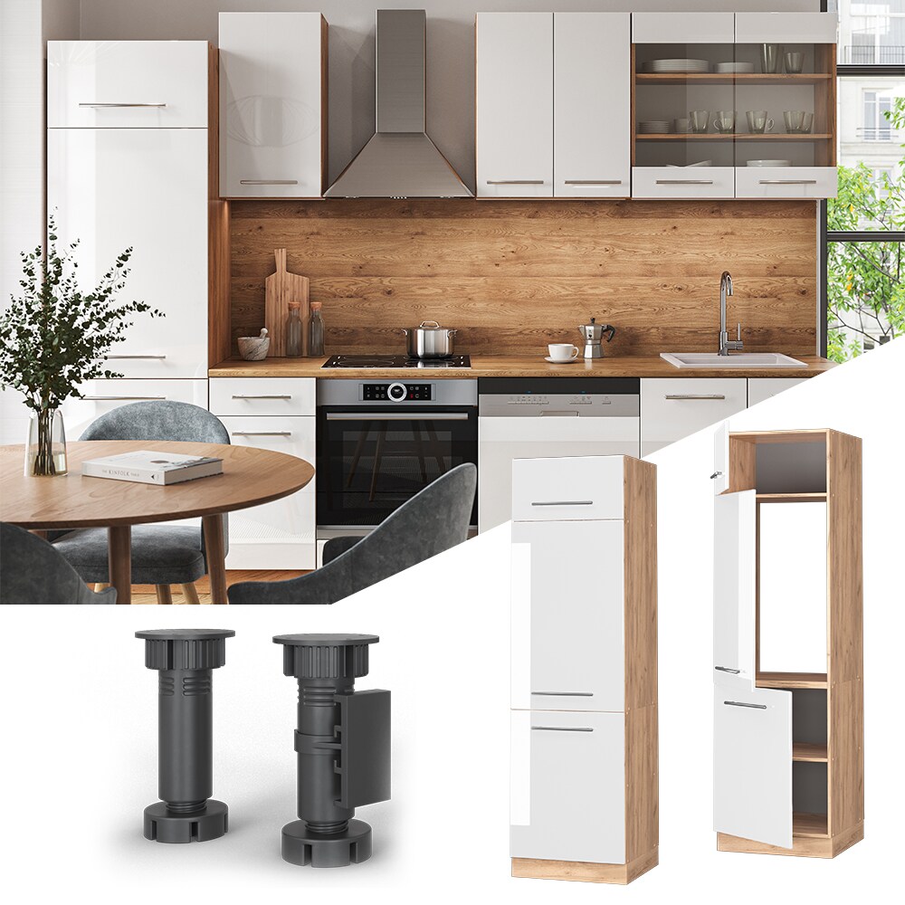 Vicco Kühlumbauschrank Küchenschrank Küchenmöbel Fame-Line Eiche Weiß modern 60 cm Küche Einbauküche Blende Drehtür Einlegeboden Kühlschrank Küchenzeile Hochglanz