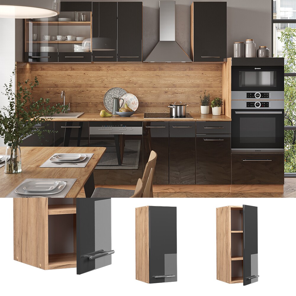Vicco H&auml;ngeschrank K&uuml;chenschrank K&uuml;chenm&ouml;bel Fame-Line Eiche Anthrazit modern 30 cm K&uuml;che Einbauk&uuml;che H&auml;ngeschrank Dreht&uuml;r Einlegeboden K&uuml;chenzeile Hochglanz - Bild 1