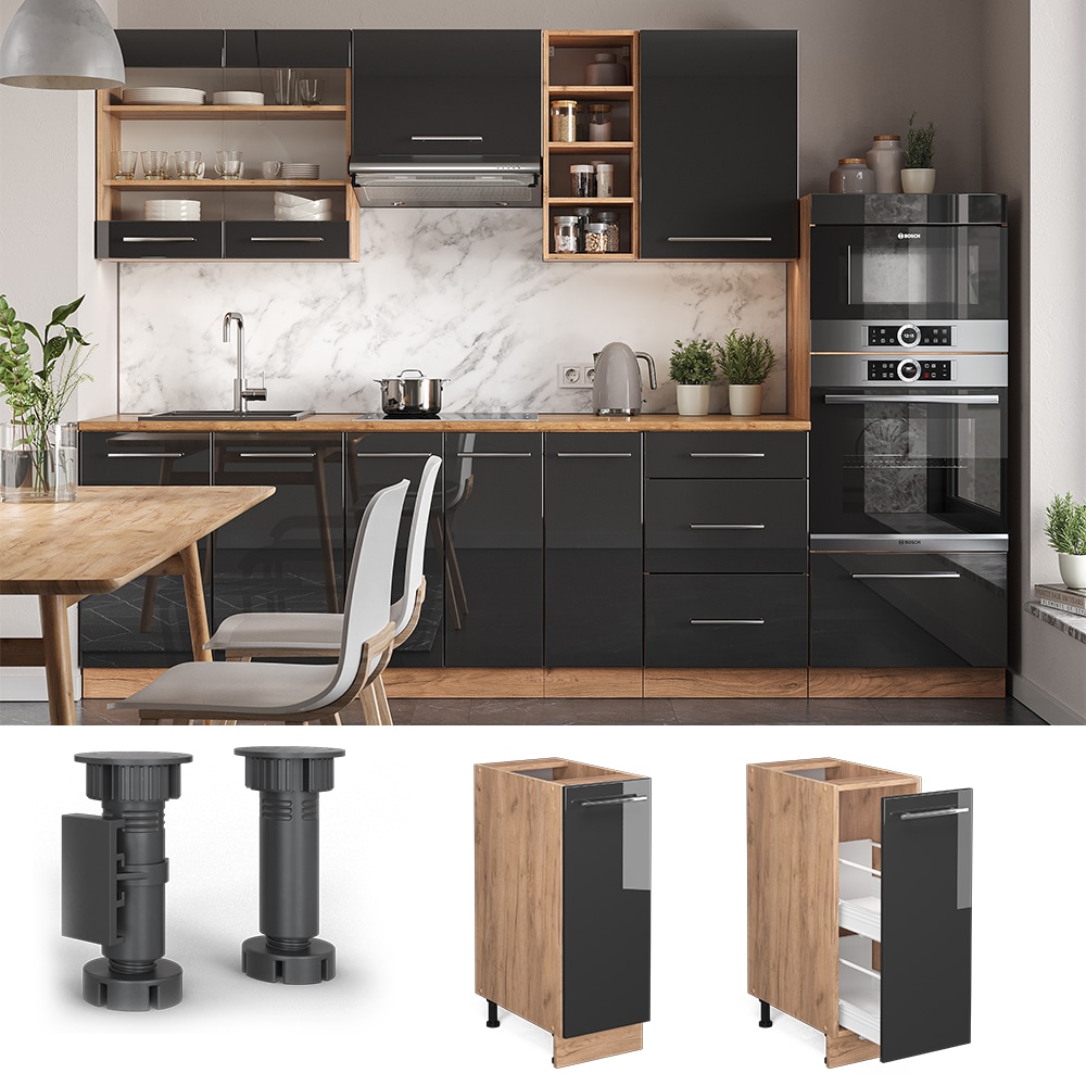 Vicco Apothekerunterschrank K&uuml;chenschrank K&uuml;chenm&ouml;bel Fame-Line Eiche Anthrazit modern 30 cm K&uuml;che Einbauk&uuml;che Einsch&uuml;be Aufbewahrung K&uuml;chenzeile Hochglanz - Bild 1