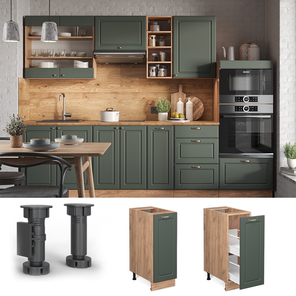 Vicco Apothekerunterschrank Küchenschrank Küchenmöbel Fame-Line Eiche Grün-Gold Landhaus 30 cm Küche Einbauküche Einschübe Aufbewahrung Küchenzeile