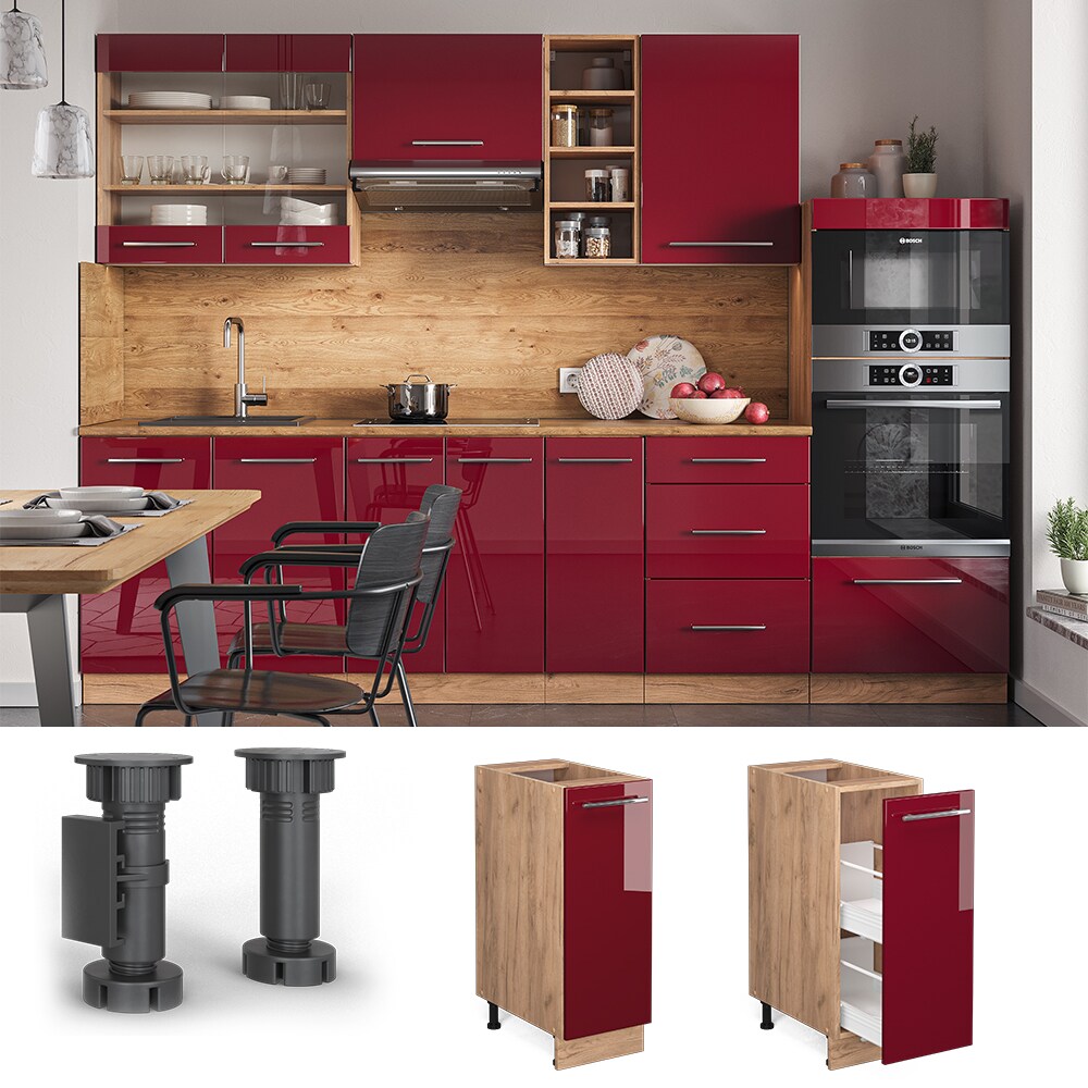 Vicco Apothekerunterschrank Küchenschrank Küchenmöbel Fame-Line Eiche Rot Bordeaux modern 30 cm Küche Einbauküche Einschübe Aufbewahrung Küchenzeile Hochglanz