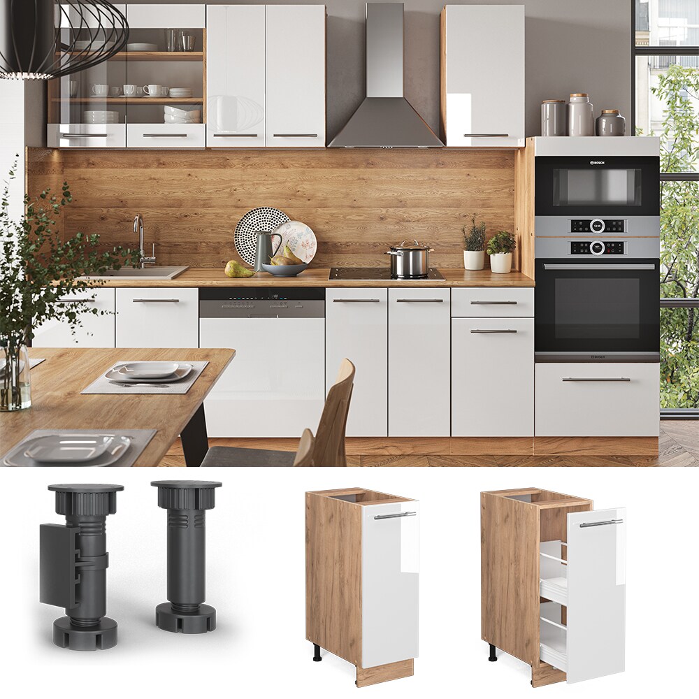 Vicco Apothekerunterschrank Küchenschrank Küchenmöbel Fame-Line Eiche Weiß modern 30 cm Küche Einbauküche Einschübe Aufbewahrung Küchenzeile Hochglanz