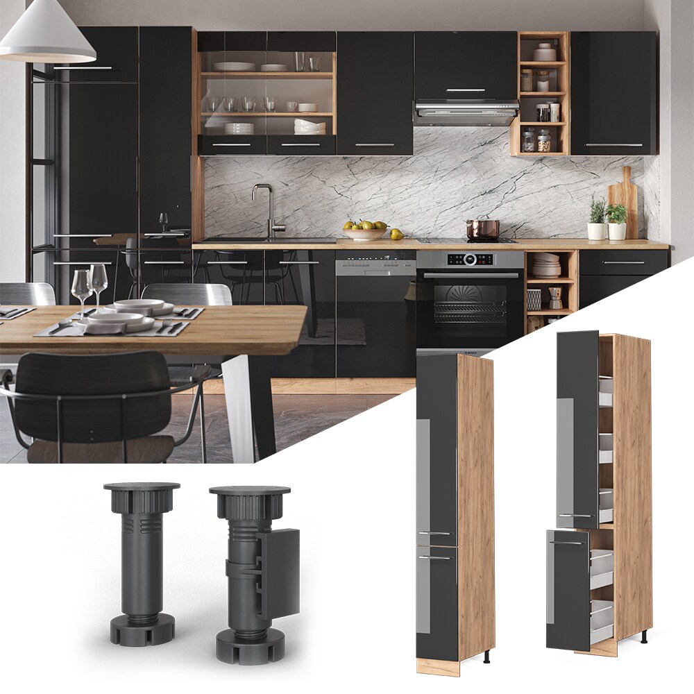 Vicco Apothekerhochschrank Küchenschrank Küchenmöbel Fame-Line Eiche Anthrazit modern 30 cm Küche Einbauküche Einschübe Aufbewahrung Küchenzeile Hochglanz