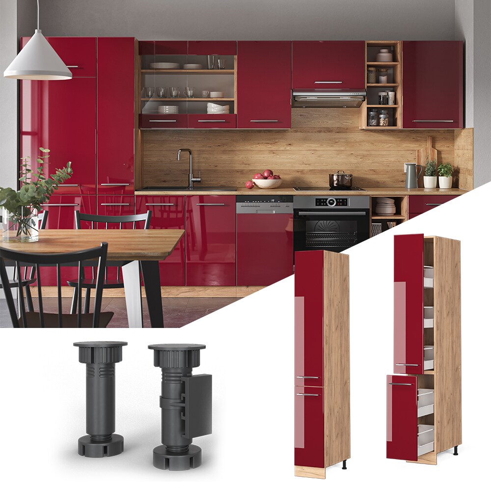 Vicco Apothekerhochschrank Küchenschrank Küchenmöbel Fame-Line Eiche Rot Bordeaux modern 30 cm Küche Einbauküche Einschübe Aufbewahrung Küchenzeile Hochglanz