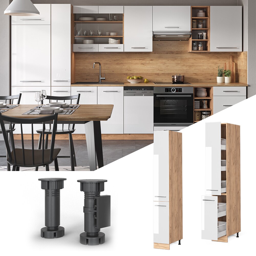 Vicco Apothekerhochschrank Küchenschrank Küchenmöbel Fame-Line Eiche Weiß modern 30 cm Küche Einbauküche Einschübe Aufbewahrung Küchenzeile Hochglanz