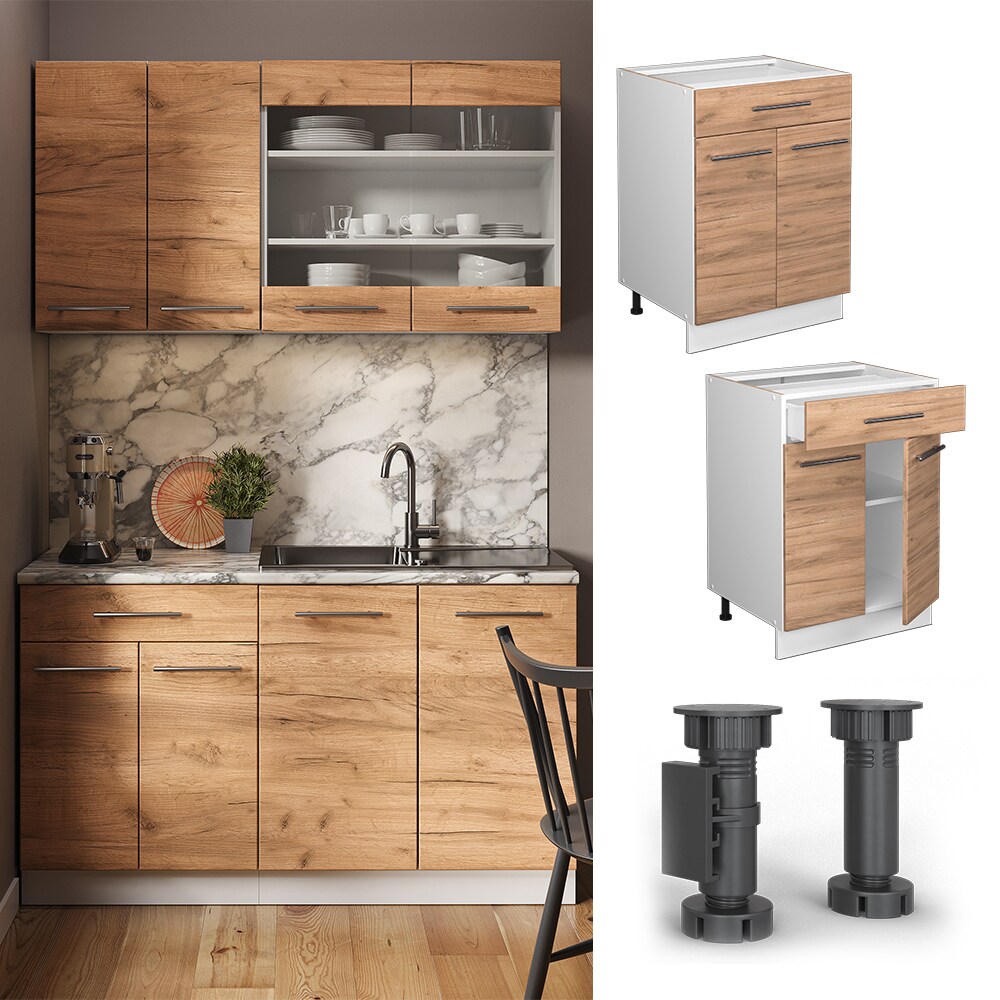 Vicco Schubunterschrank Küchenschrank Küchenmöbel Fame-Line Weiß Eiche modern 60 cm Küche Einbauküche Drehtür Schublade Einlegeboden Blende Küchenzeile