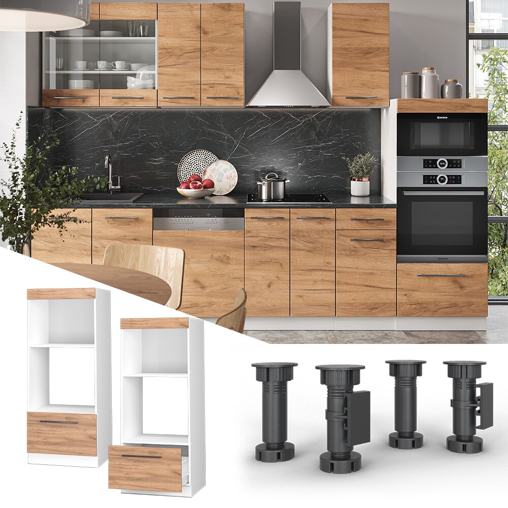 Vicco Mikrowellenumbauschrank Küchenschrank Küchenmöbel Fame-Line Weiß Eiche modern 60 cm Küche Einbauküche Blende Schublade Mikrowelle Backofen Küchenzeile