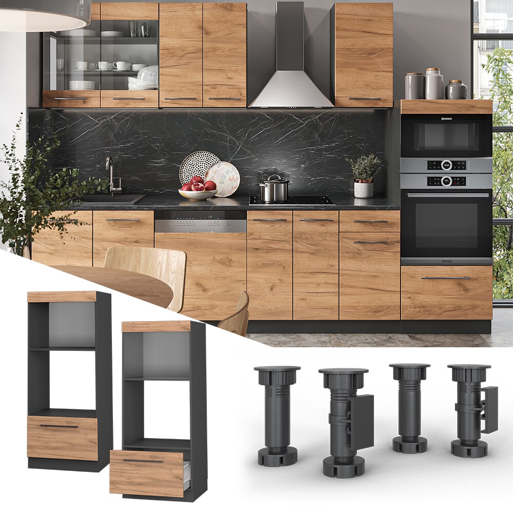Vicco Mikrowellenumbauschrank Küchenschrank Küchenmöbel Fame-Line Anthrazit Eiche modern 60 cm Küche Einbauküche Blende Schublade Mikrowelle Backofen Küchenzeile