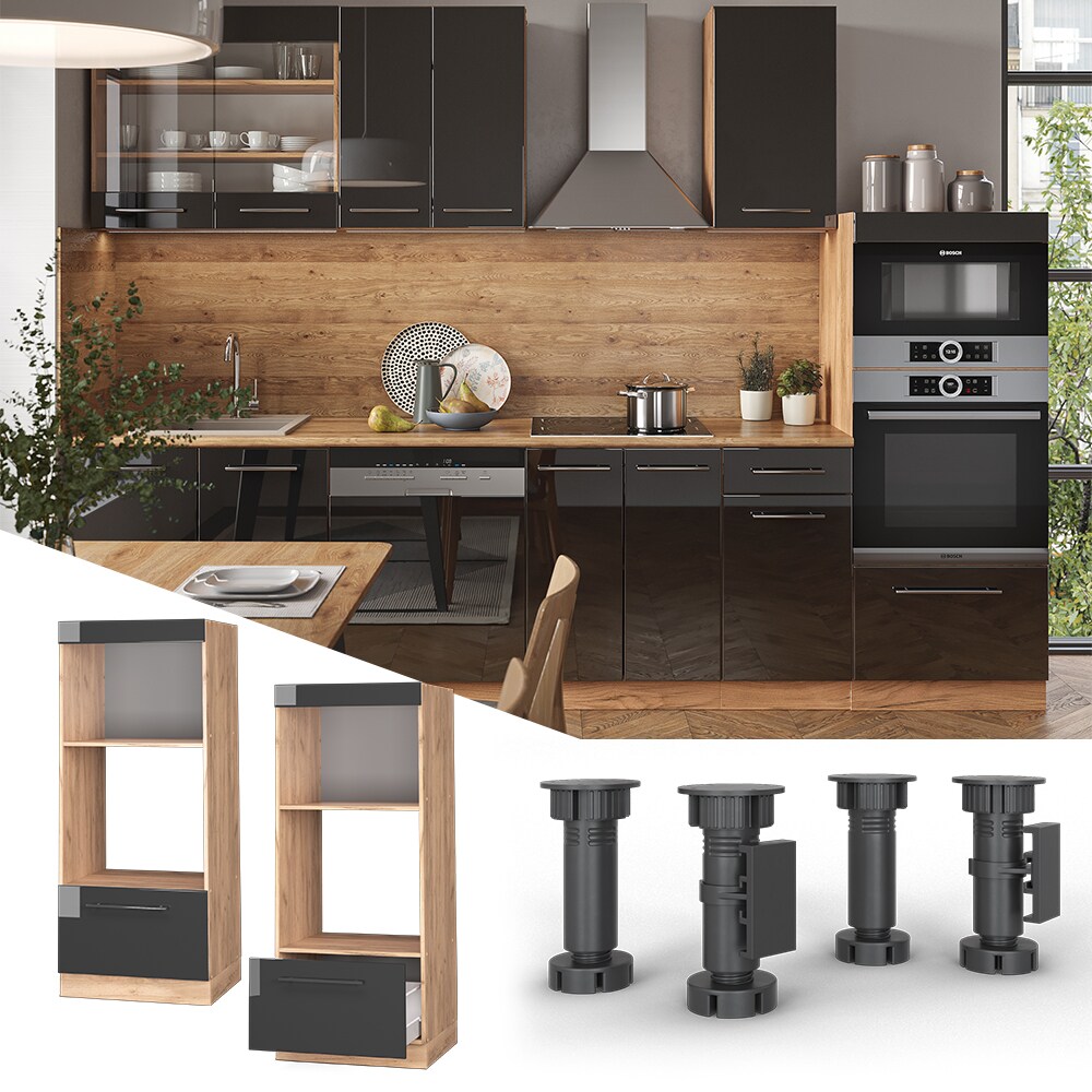 Vicco Mikrowellenumbauschrank K&uuml;chenschrank K&uuml;chenm&ouml;bel Fame-Line Eiche Anthrazit modern 60 cm K&uuml;che Einbauk&uuml;che Blende Schublade Mikrowelle Backofen K&uuml;chenzeile Hochglanz - Bild 1