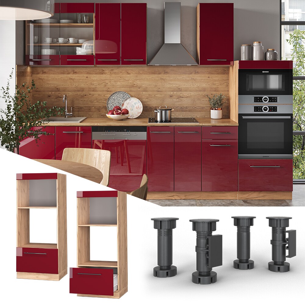 Vicco Mikrowellenumbauschrank Küchenschrank Küchenmöbel Fame-Line Eiche Rot Bordeaux modern 60 cm Küche Einbauküche Blende Schublade Mikrowelle Backofen Küchenzeile Hochglanz
