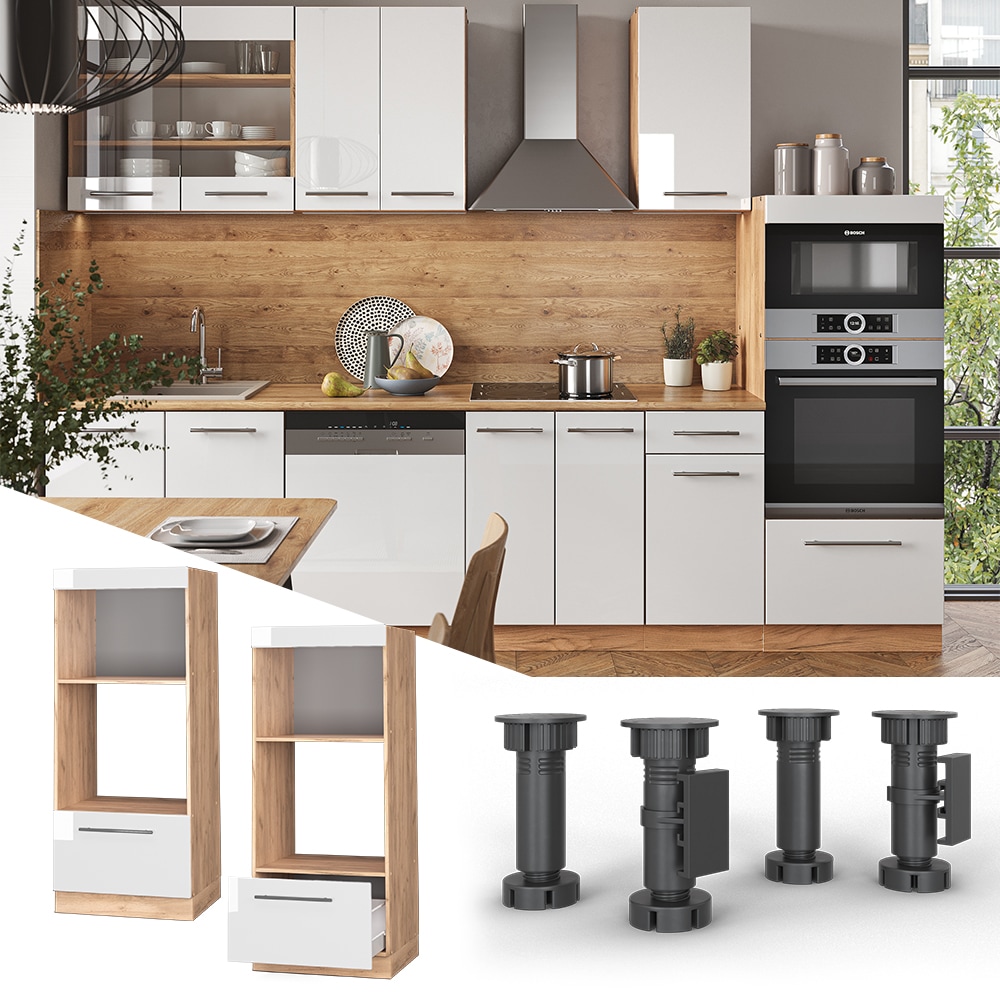 Vicco Mikrowellenumbauschrank K&uuml;chenschrank K&uuml;chenm&ouml;bel Fame-Line Eiche Wei&szlig; modern 60 cm K&uuml;che Einbauk&uuml;che Blende Schublade Mikrowelle Backofen K&uuml;chenzeile Hochglanz - Bild 1