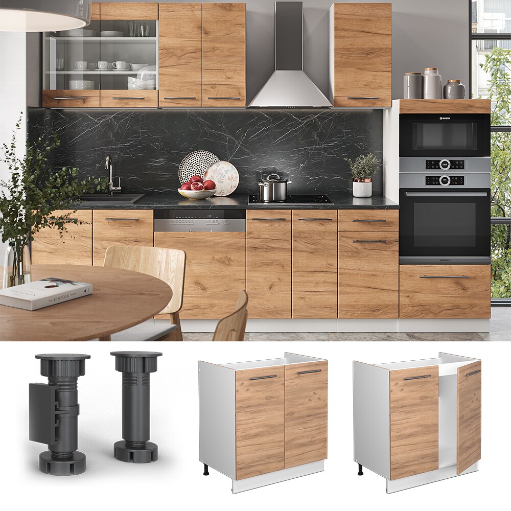 Vicco Spülenunterschrank Küchenschrank Küchenmöbel Fame-Line Weiß Eiche modern 80 cm Küche Einbauküche Drehtür Siphonausschnitt Blende Küchenzeile