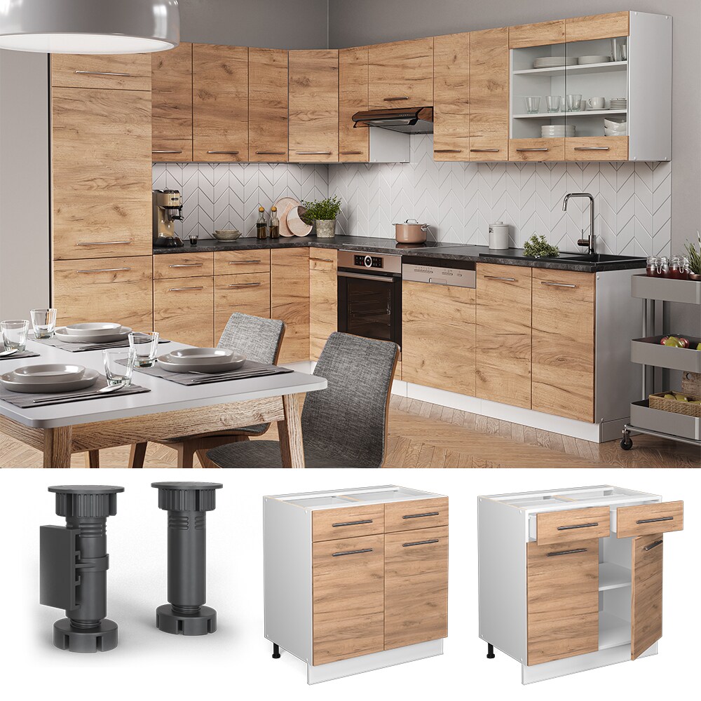Vicco Schubunterschrank Küchenschrank Küchenmöbel Fame-Line Weiß Eiche modern 80 cm Küche Einbauküche Drehtür Schublade Einlegeboden Blende Küchenzeile
