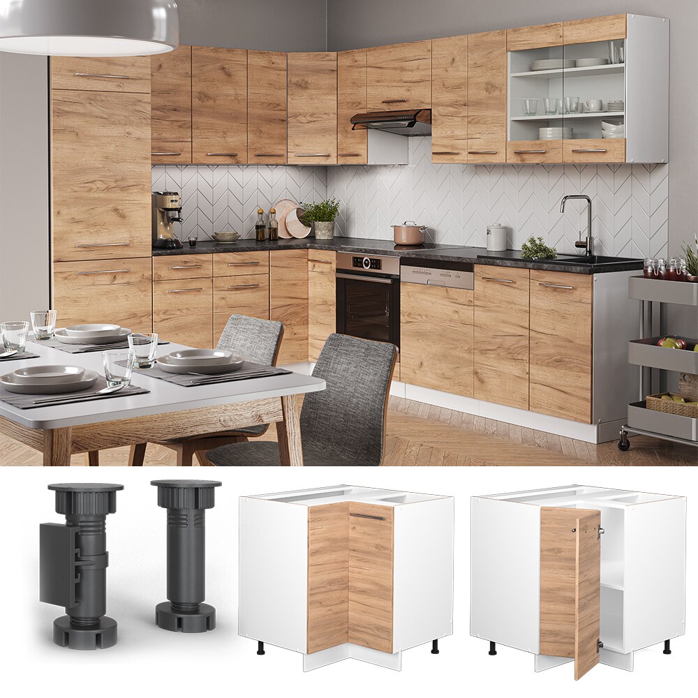 Vicco Eckunterschrank Küchenschrank Küchenmöbel Fame-Line Weiß Eiche modern 87 cm Küche Eckküche Einbauküche Doppel-Drehtür Einlegeboden Blende Küchenzeile