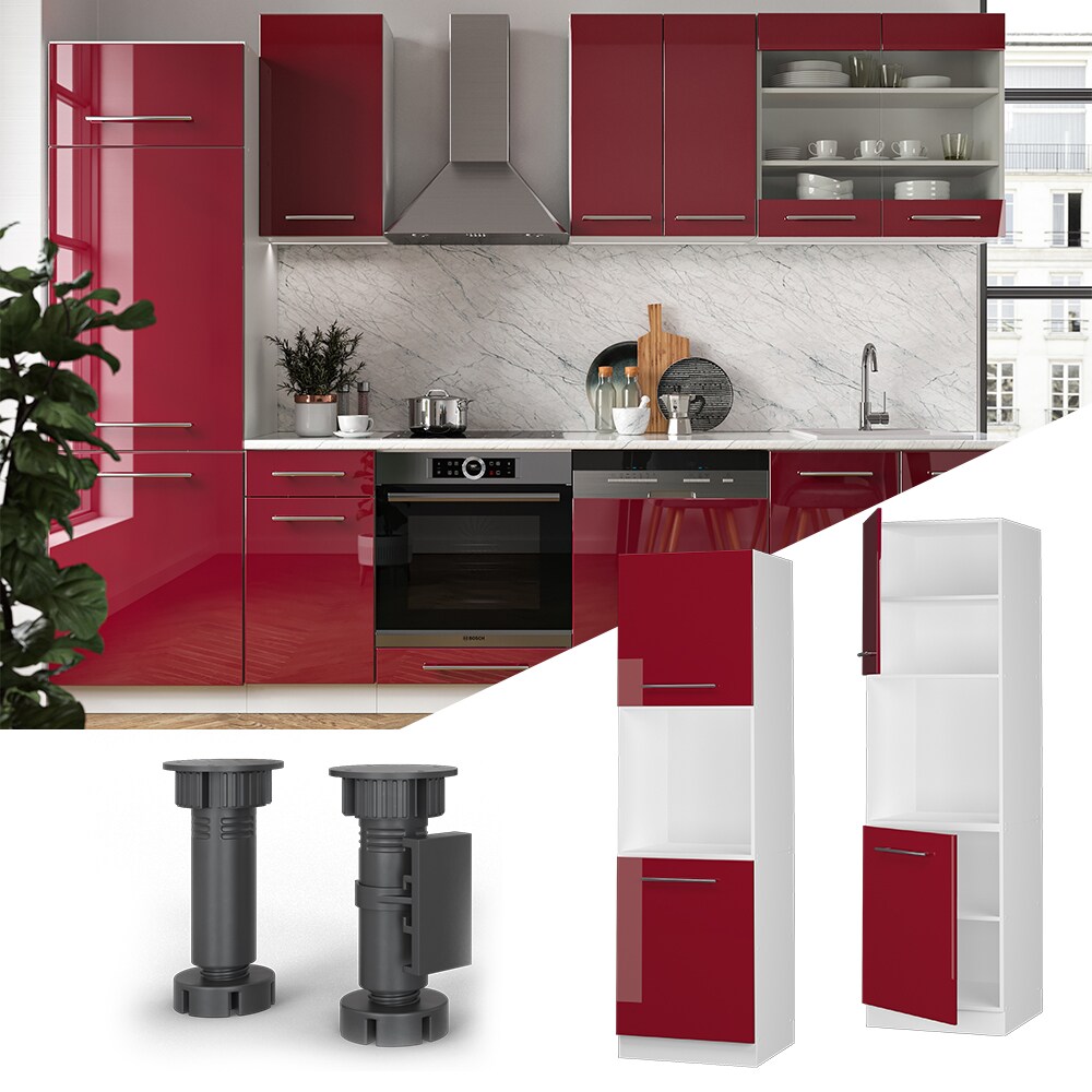 Vicco Herdumbauschrank Küchenschrank Küchenmöbel Fame-Line Weiß Bordeaux Rot 60 cm modern Hochglanz Küche Einbauküche Blende Herdschrank Hochschrank Küchenzeile Drehtür Einlegeboden