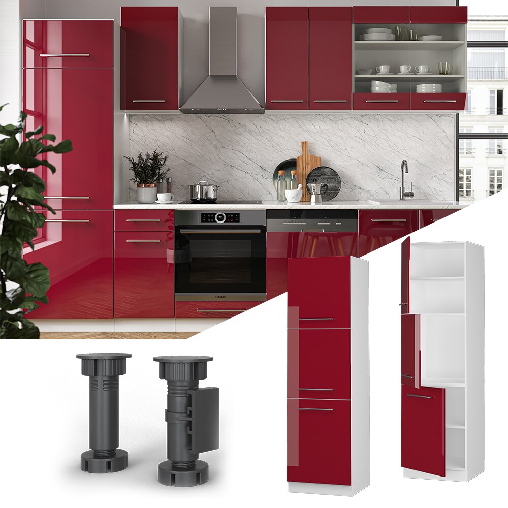 Vicco Herdumbauschrank Küchenschrank Küchenmöbel Fame-Line Weiß Bordeaux Rot 60 cm modern Hochglanz Küche Einbauküche Blende Herdschrank Hochschrank Küchenzeile Drehtür Einlegeboden