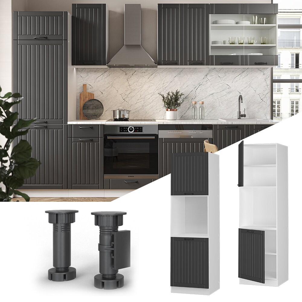 Vicco Herdumbauschrank Küchenschrank Küchenmöbel Fame-Line Landhaus Weiß Dunkelgrau 60 cm Küche Einbauküche Blende Herdschrank Hochschrank Küchenzeile Drehtür Einlegeboden