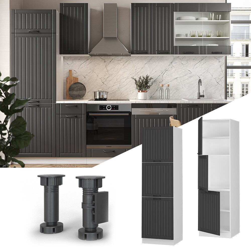 Vicco Herdumbauschrank Küchenschrank Küchenmöbel Fame-Line Landhaus Weiß Dunkelgrau 60 cm Küche Einbauküche Blende Herdschrank Hochschrank Küchenzeile Drehtür Einlegeboden