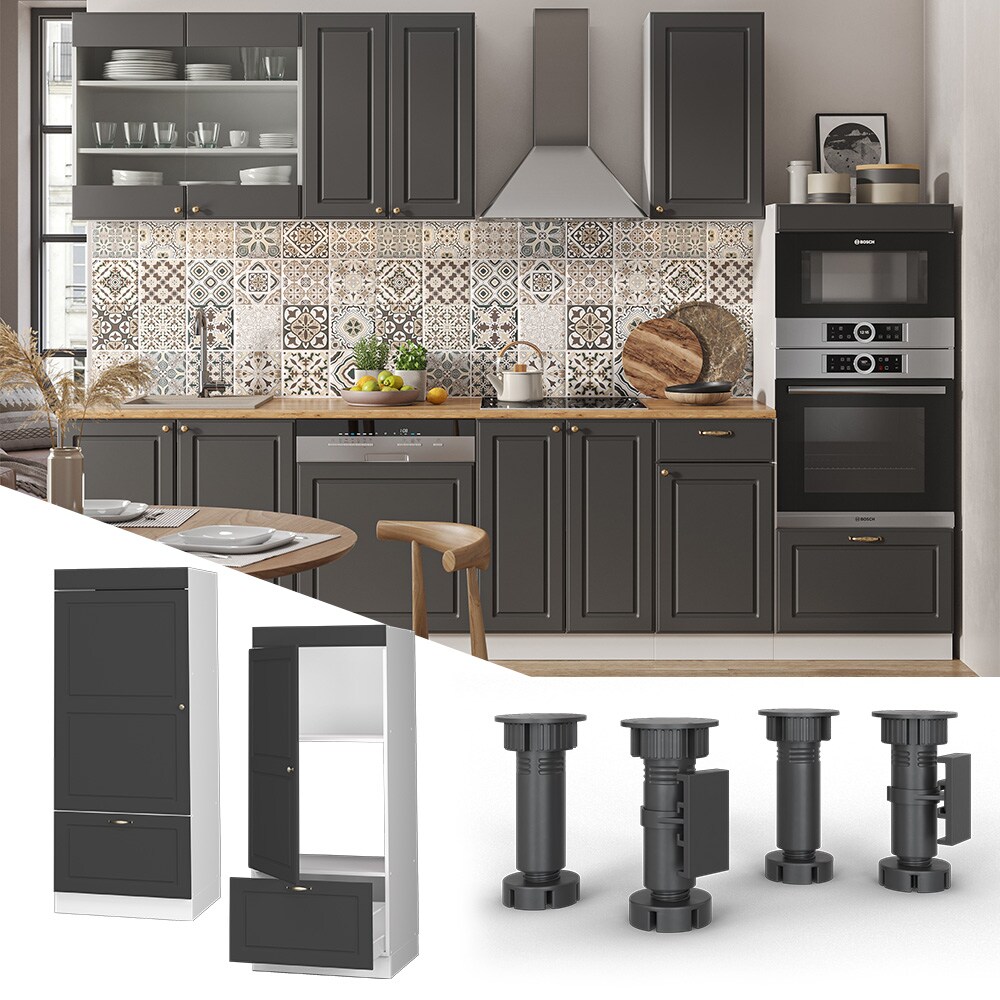 Vicco Mikrowellenumbauschrank Küchenschrank Küchenmöbel Fame-Line Landhaus Weiß Anthrazit 60 cm Gold Küche Einbauküche Blende Hochschrank Schublade Mikrowelle Backofen Küchenzeile