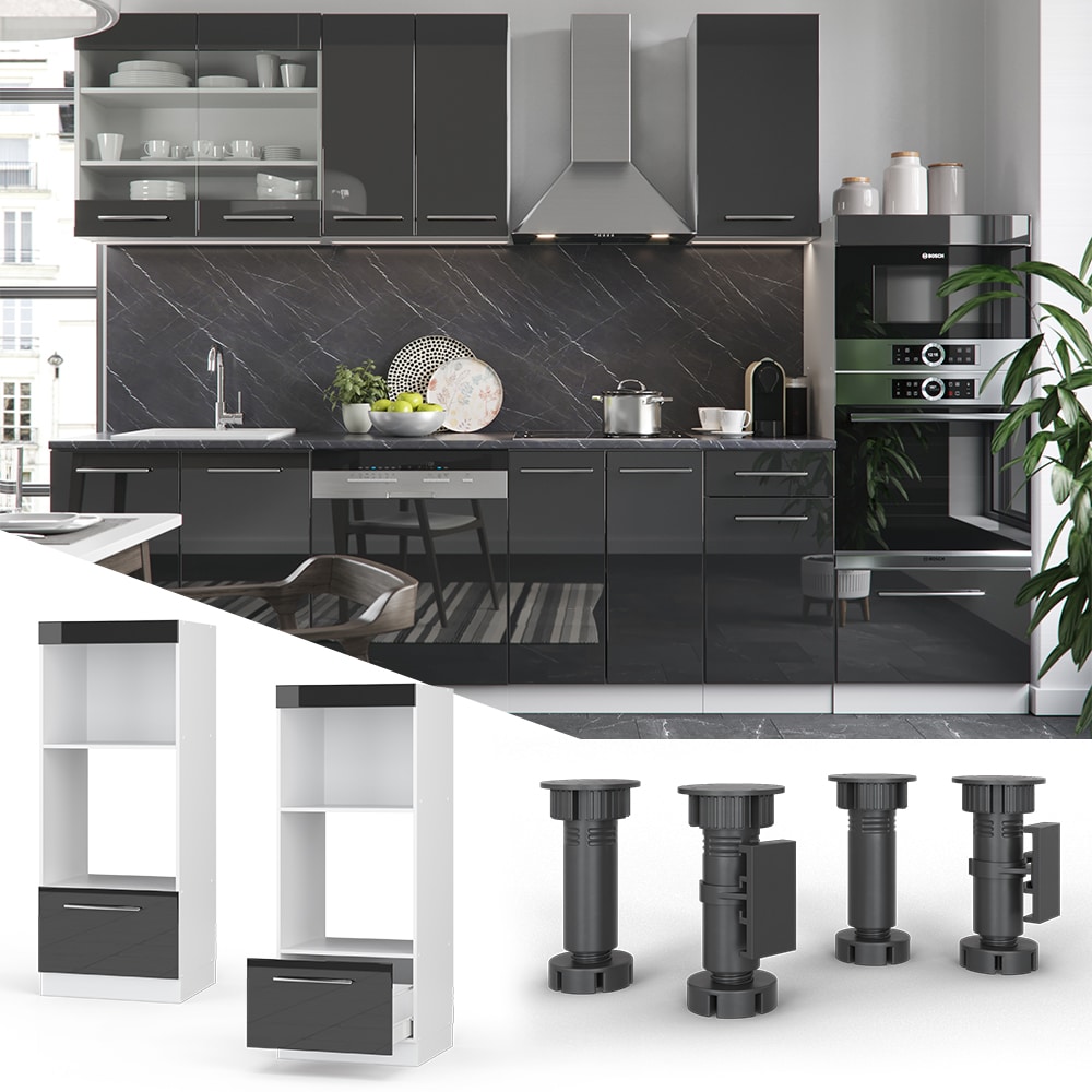 Vicco Mikrowellenumbauschrank K&uuml;chenschrank K&uuml;chenm&ouml;bel Fame-Line Wei&szlig; Anthrazit 60 cm modern Hochglanz K&uuml;che Einbauk&uuml;che Blende Hochschrank Schublade Mikrowelle Backofen K&uuml;chenzeile - Bild 1