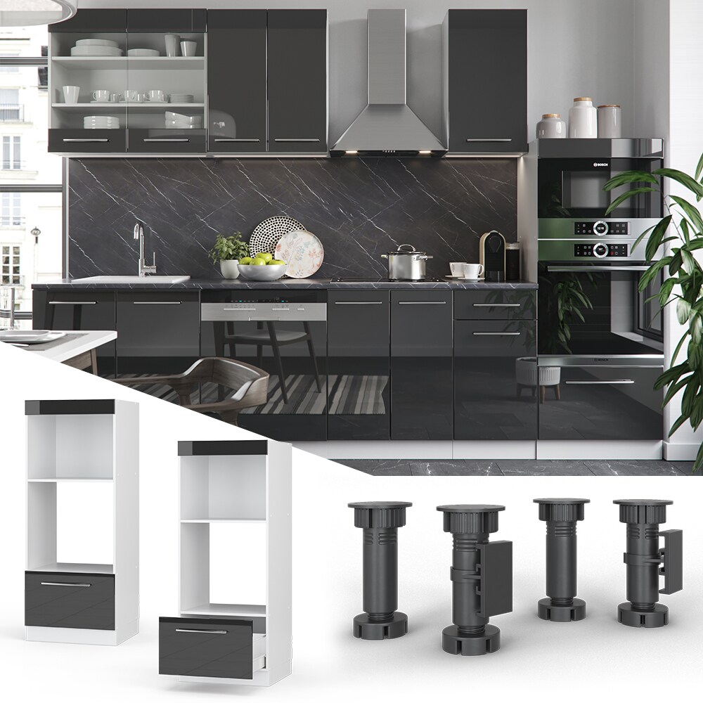 Vicco Mikrowellenumbauschrank Küchenschrank Küchenmöbel Fame-Line Weiß Anthrazit 60 cm modern Hochglanz Küche Einbauküche Blende Hochschrank Schublade Mikrowelle Backofen Küchenzeile
