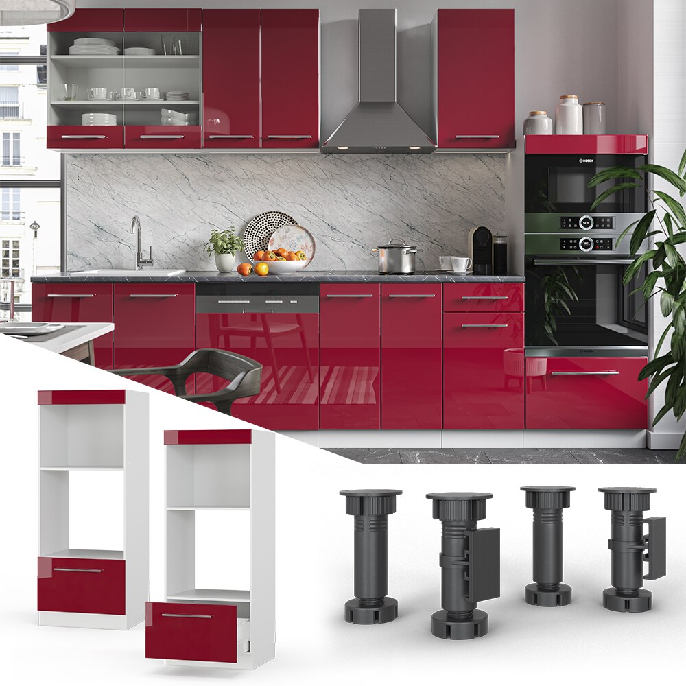 Vicco Mikrowellenumbauschrank Küchenschrank Küchenmöbel Fame-Line Weiß Bordeaux Rot 60 cm modern Hochglanz Küche Einbauküche Blende Hochschrank Schublade Mikrowelle Backofen Küchenzeile