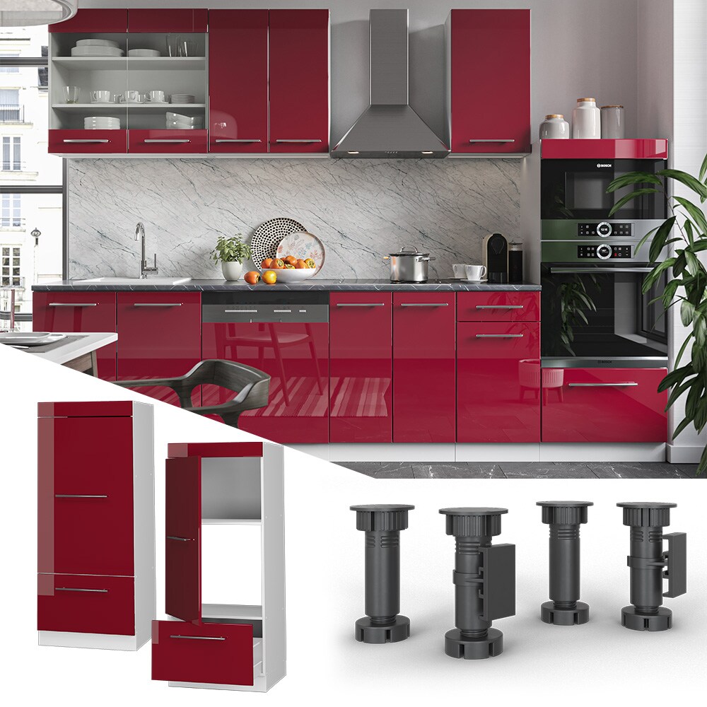 Vicco Mikrowellenumbauschrank Küchenschrank Küchenmöbel Fame-Line Weiß Bordeaux Rot 60 cm modern Hochglanz Küche Einbauküche Blende Hochschrank Schublade Mikrowelle Backofen Küchenzeile