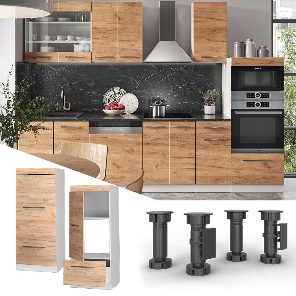 Vicco Mikrowellenumbauschrank Küchenschrank Küchenmöbel Fame-Line Weiß Eiche Goldkraft 60 cm modern Küche Einbauküche Blende Hochschrank Schublade Mikrowelle Backofen Küchenzeile