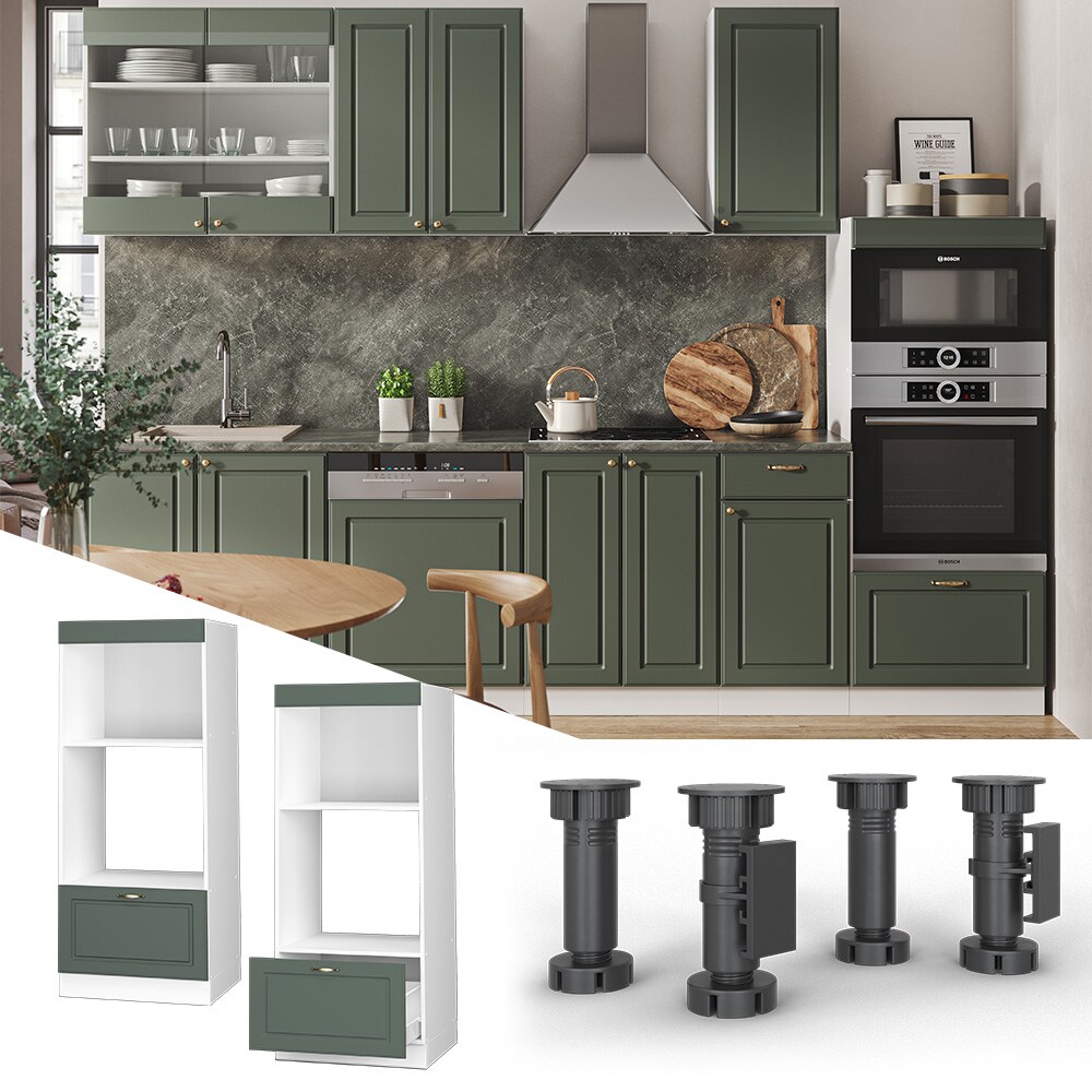 Vicco Mikrowellenumbauschrank Küchenschrank Küchenmöbel Fame-Line Landhaus Weiß Grün 60 cm Gold Küche Einbauküche Blende Hochschrank Schublade Mikrowelle Backofen Küchenzeile