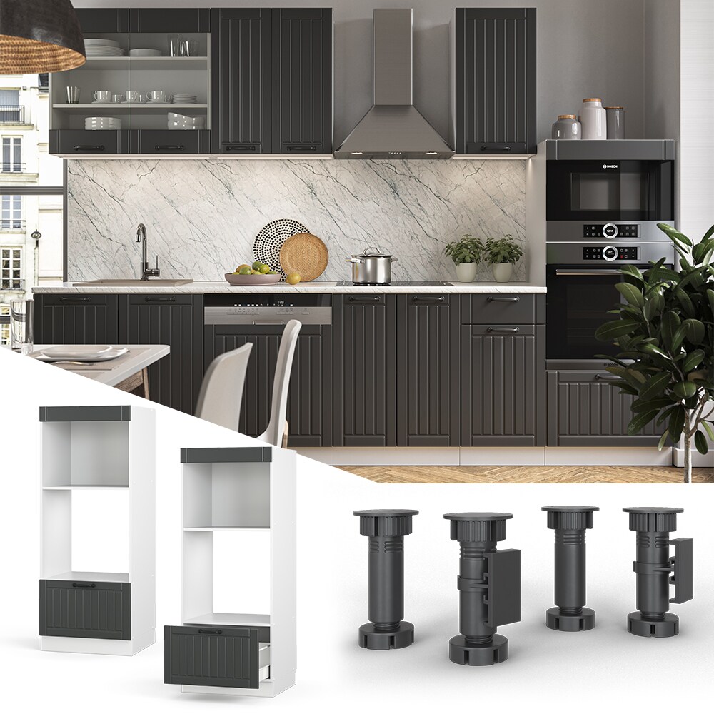 Vicco Mikrowellenumbauschrank Küchenschrank Küchenmöbel Fame-Line Landhaus Weiß Dunkelgrau 60 cm Gold Küche Einbauküche Blende Hochschrank Schublade Mikrowelle Backofen Küchenzeile