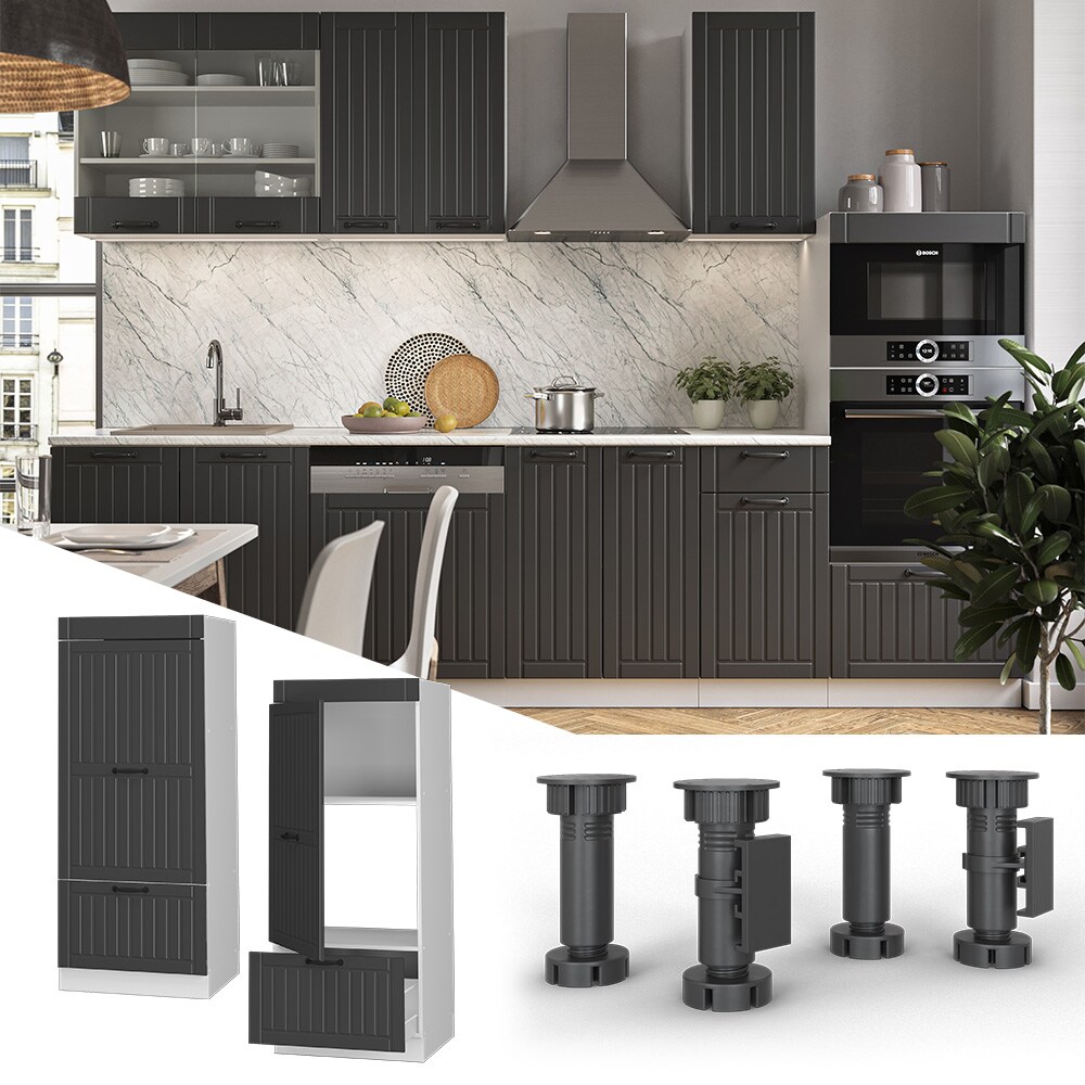 Vicco Mikrowellenumbauschrank Küchenschrank Küchenmöbel Fame-Line Landhaus Weiß Dunkelgrau 60 cm Gold Küche Einbauküche Blende Hochschrank Schublade Mikrowelle Backofen Küchenzeile