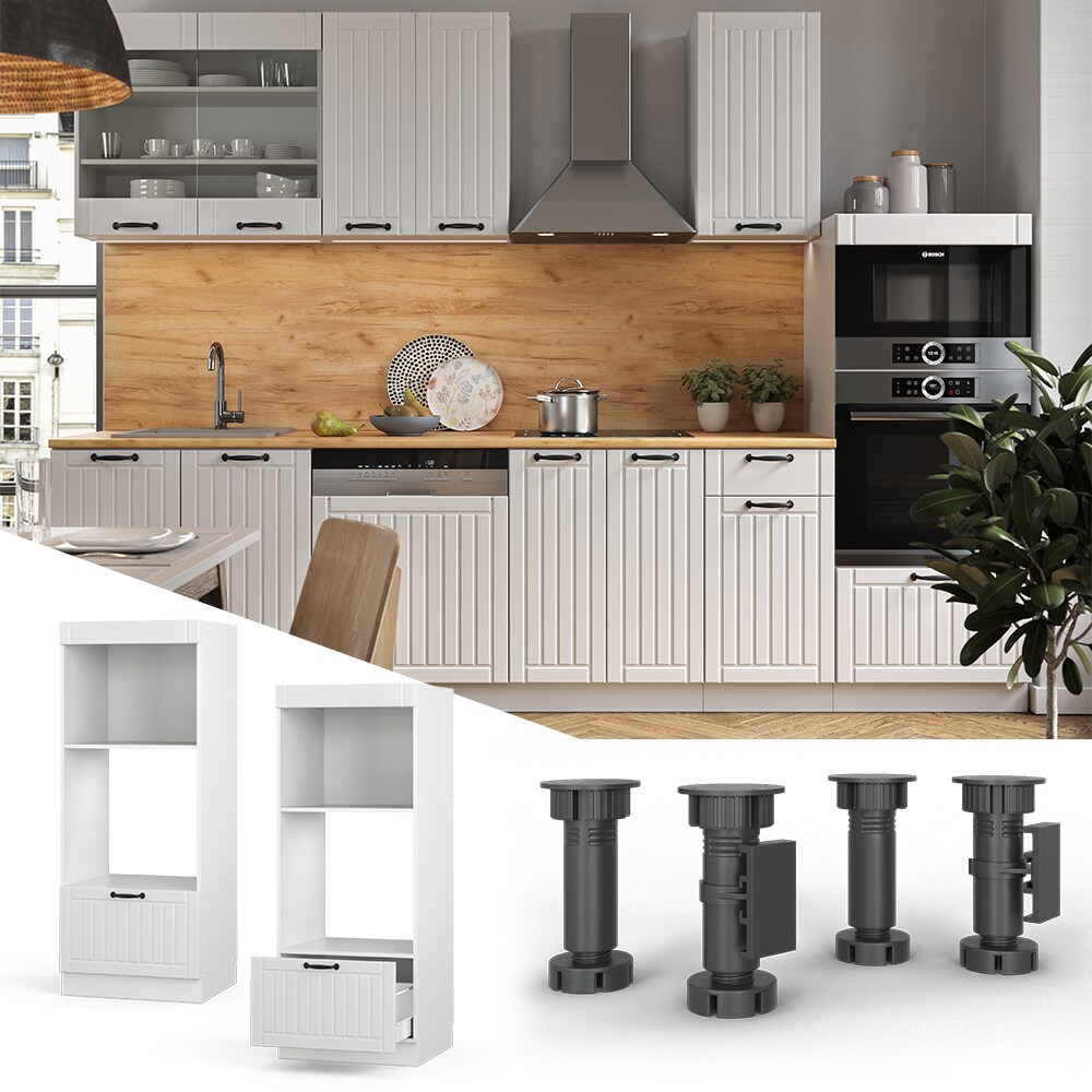 Vicco Mikrowellenumbauschrank Küchenschrank Küchenmöbel Fame-Line Landhaus Weiß 60 cm Küche Einbauküche Blende Hochschrank Schublade Mikrowelle Backofen Küchenzeile