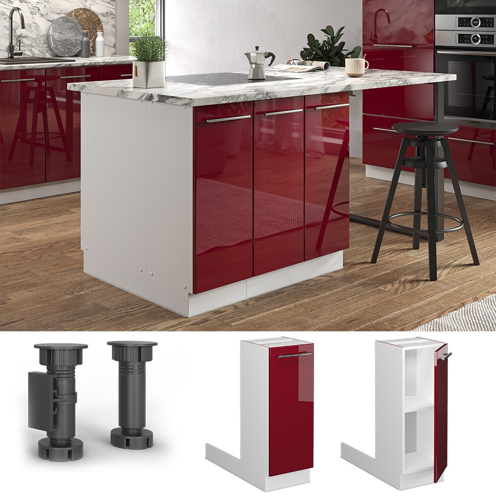 Vicco Regalinselunterschrank Küchenschrank Küchenmöbel Fame-Line Weiß Bordeaux Rot 30 cm modern Hochglanz Küche Einbauküche Kücheninsel Drehtür Einlegeboden Blende Küchenunterschrank Küchenzeile