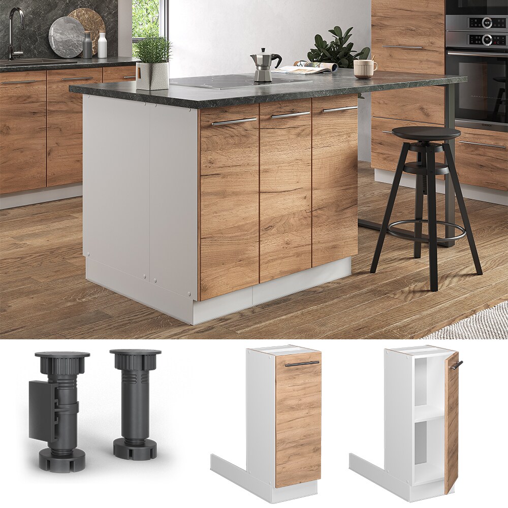 Vicco Regalinselunterschrank Küchenschrank Küchenmöbel Fame-Line Weiß Eiche Goldkraft 30 cm modern Küche Einbauküche Kücheninsel Drehtür Einlegeboden Blende Küchenunterschrank Küchenzeile