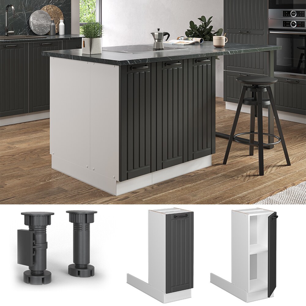 Vicco Regalinselunterschrank Küchenschrank Küchenmöbel Fame-Line Landhaus Weiß Dunkelgrau 30 cm Küche Einbauküche Kücheninsel Drehtür Einlegeboden Blende Küchenunterschrank Küchenzeile