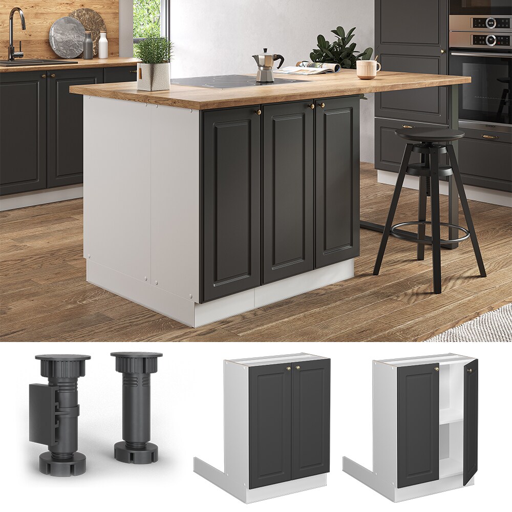 Vicco Regalinselunterschrank Küchenschrank Küchenmöbel Fame-Line Landhaus Weiß Anthrazit 60 cm Gold Küche Einbauküche Kücheninsel Drehtür Einlegeboden Blende Küchenunterschrank Küchenzeile